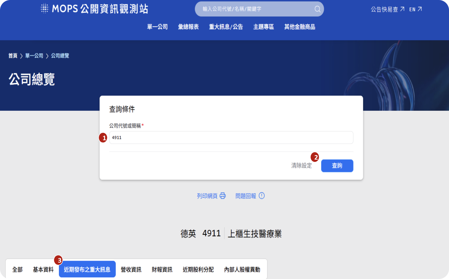 公開資訊觀測站查詢步驟示意圖